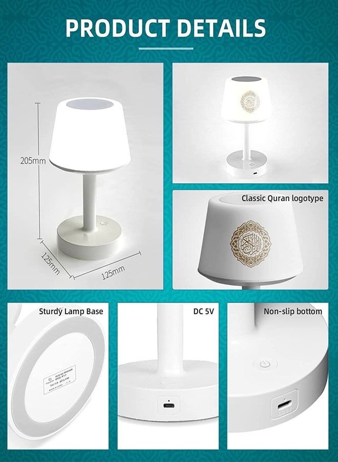 تلواح Qur’an Speaker Desk Lamp with Bluetooth, Touch LED Light, 7-Color Night Lamp, 8GB Storage, Multiple Reciters & Translations, USB Rechargeable Table Light - Image 5